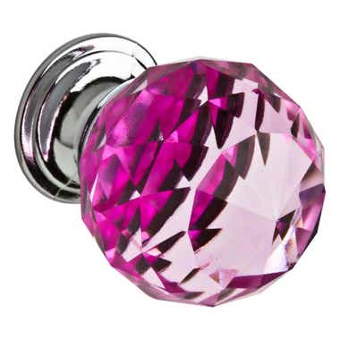 Faceted Pink Glass Cabinet Knob - Chrome Base
