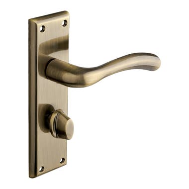Minerva Curved Lever Thumb Lock Bathroom Door Handle - Antique Brass - Pair - Designer Levers