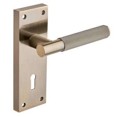 Marleybone Knurled Lever Lock on Backplate - Antique Brass - Pair - Designer Levers
