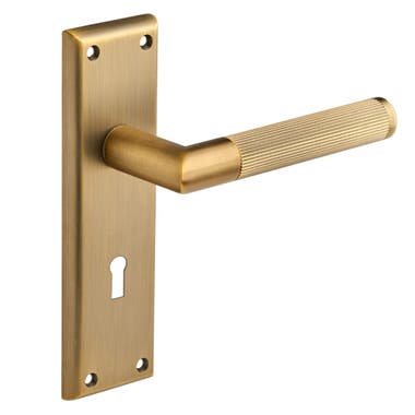Newington Ribbed Lever Lock On Backplate - Antique Brass - Designer Levers
