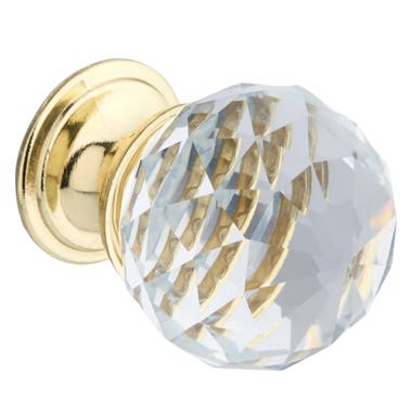 Faceted Glass Cabinet Knob - Polished Brass 30mm
