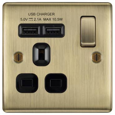 Light Switch 1 Switch with 1 Socket 2 USB Antique Brass
