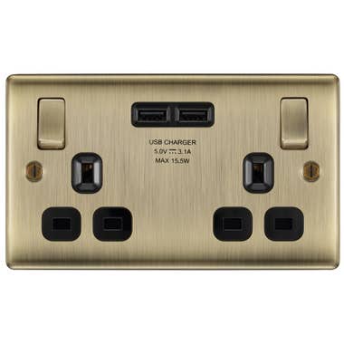 Light Switch 2 Switch with 2 Socket 2 USB Antique Brass
