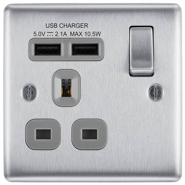 Light Switch 1 Switch with 1 Socket 2 USB Brushed Steel