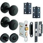 Beehive Mortice Door Knob Complete Bathroom Door Pack - Matte Black - 76mm - Knob/Lock/Hinges - Designer Levers